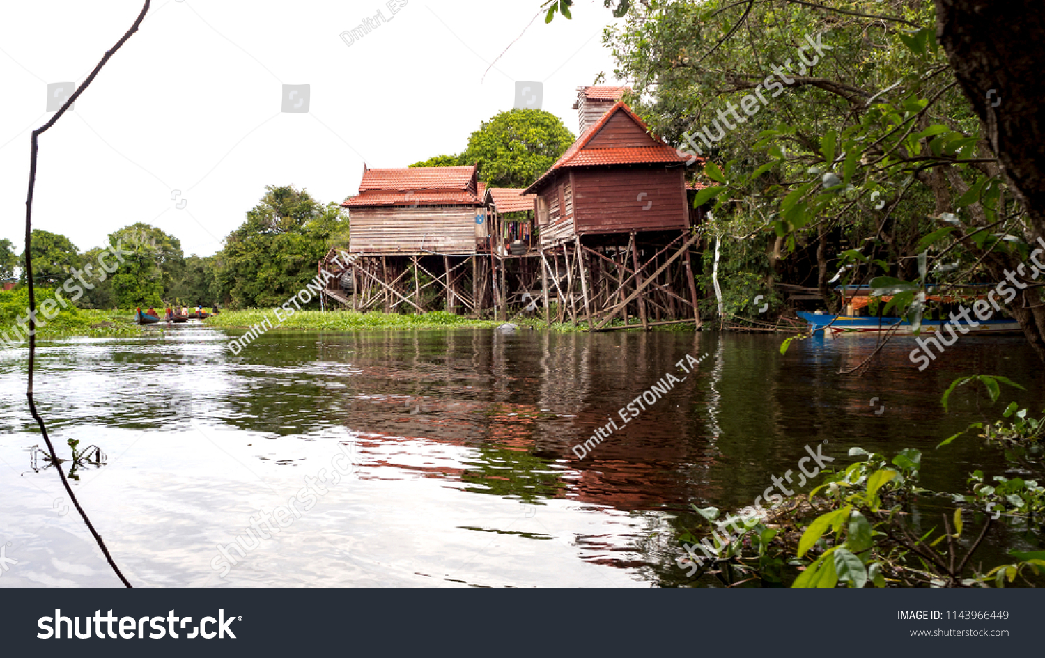 Tonle Sap Lake Siem Reap Province Cambodia. Tourists are going by a boat with at the grove by a river. Excursion to the lake Tonle Sap from Siem Reap.