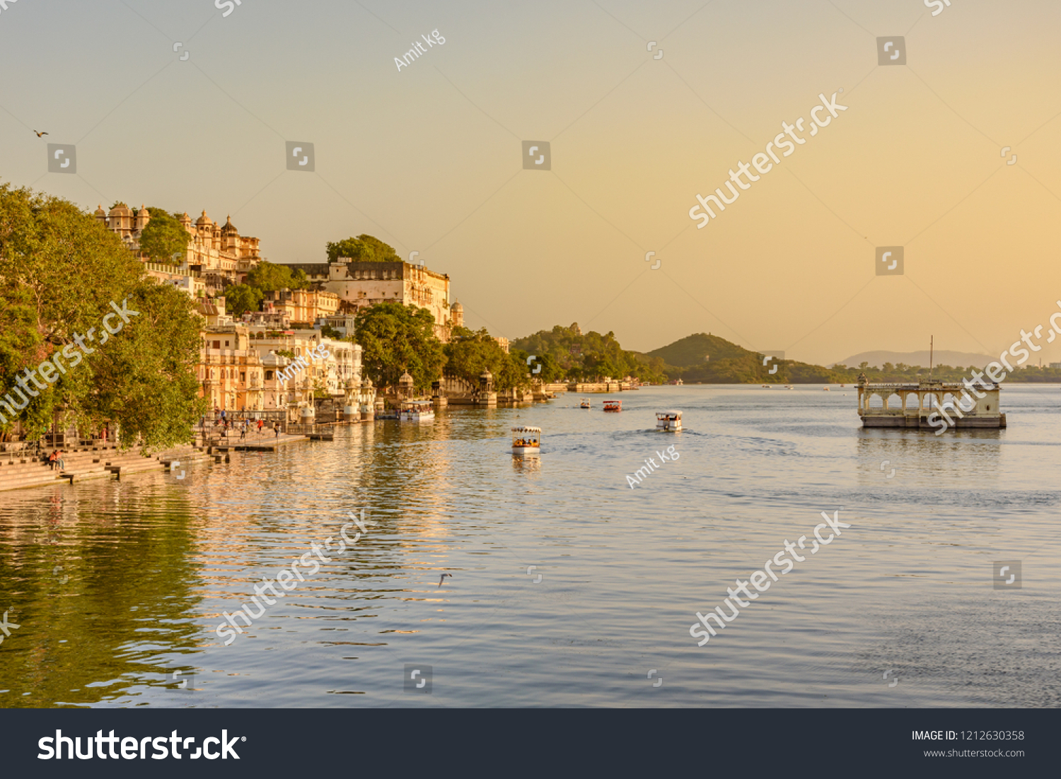 Panoramic view of city of lakes Udaipur with lake Pichola from Ambrai ghat Rajasthan  India.