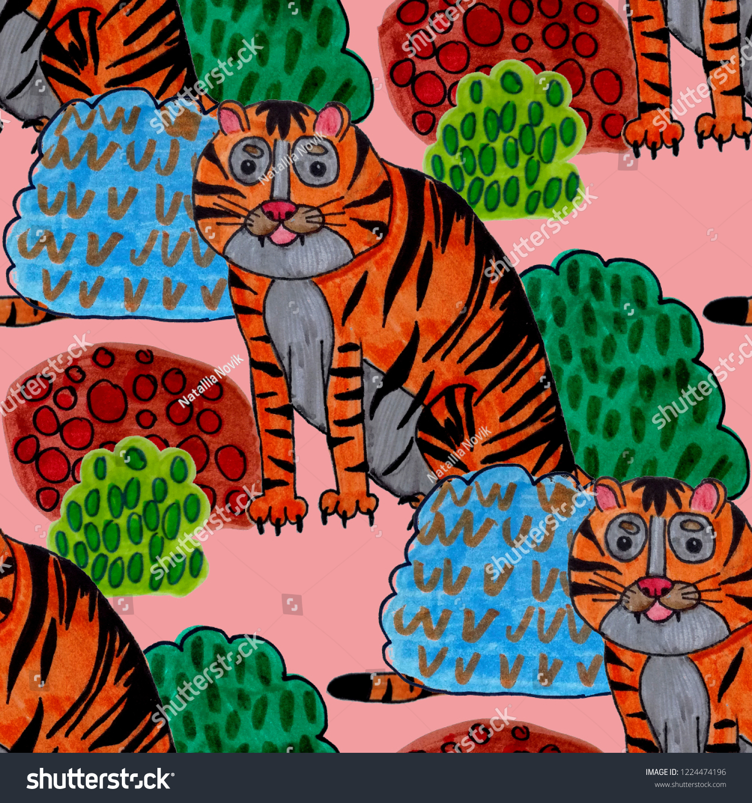 Creative seamless pattern with hand drawn tiger in tropical forest. Trendy style.