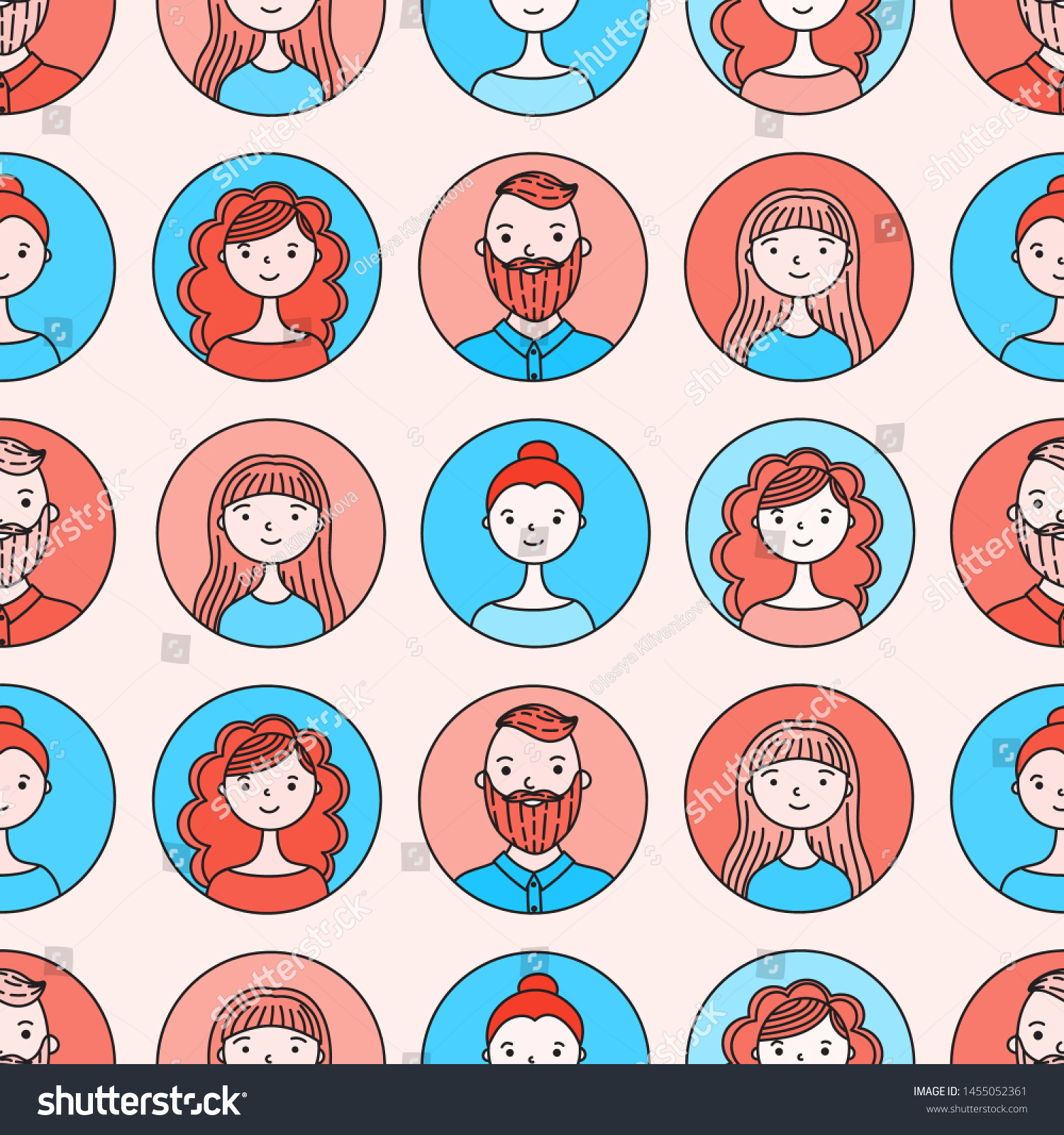 flat doodle characters in round icons. vector seamless pattern. happy people. work team