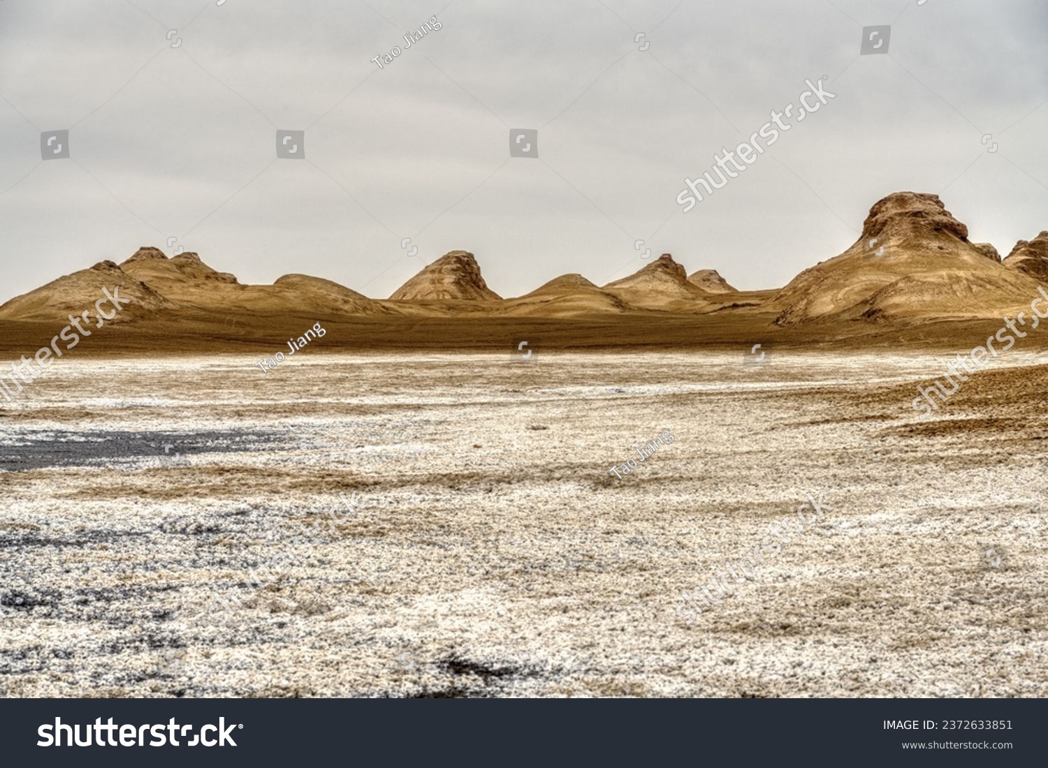 landscape of sand hills and dry salt lakes in the desert.