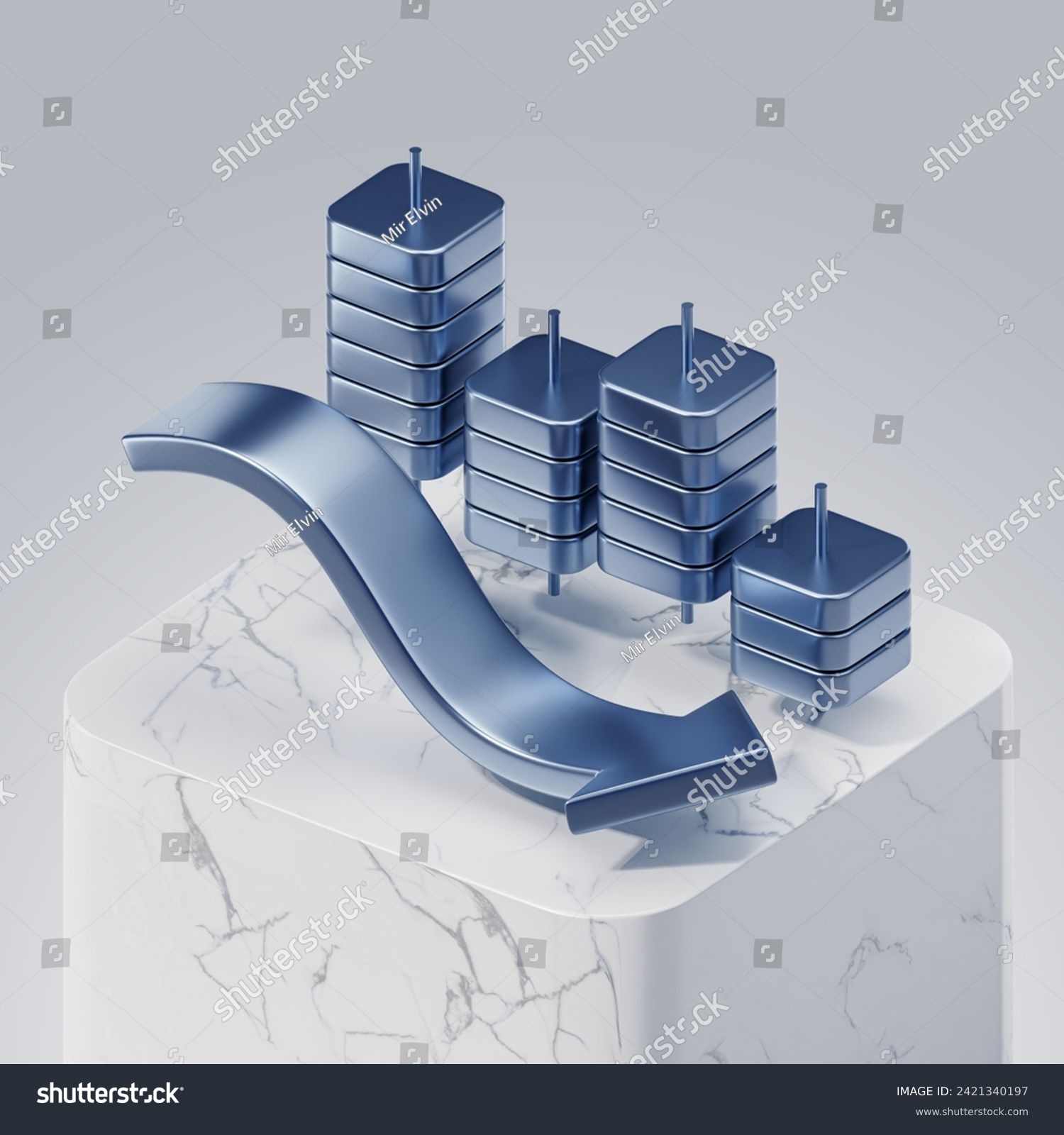Inflation and the economic crisis concept isolate on white background. The blue arrow on the podium is pointing down. Plot a graph on the stacks of coins for the recession concept. 3d render