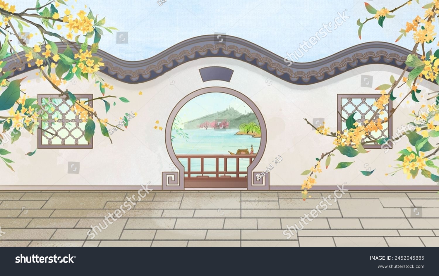 Illustration Chinese garden watercolor painting cartoon style yard promotional poster Osmanthus background