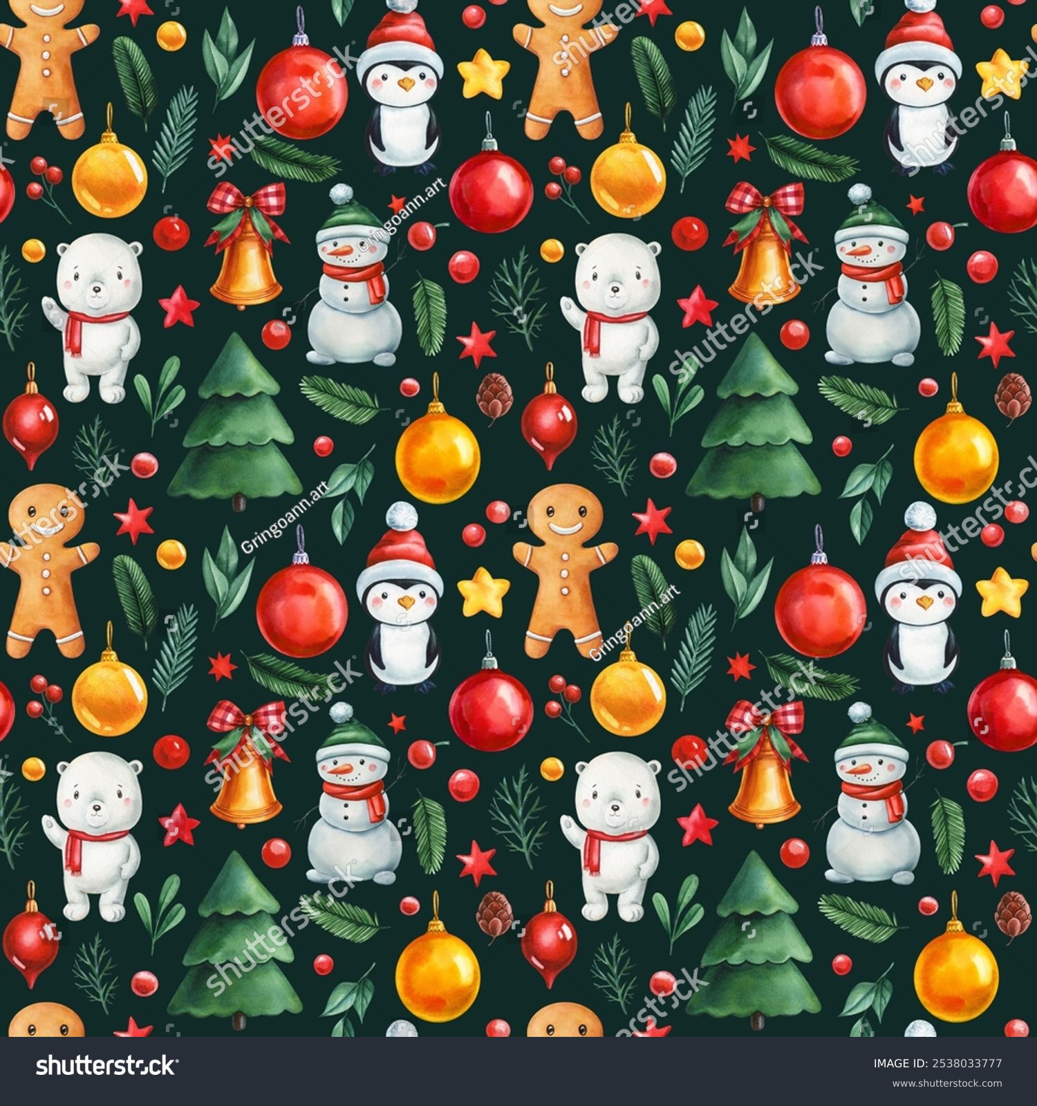 Seamless watercolor painted snowman gingerbread polar bear penguin for holiday designs. Dark background