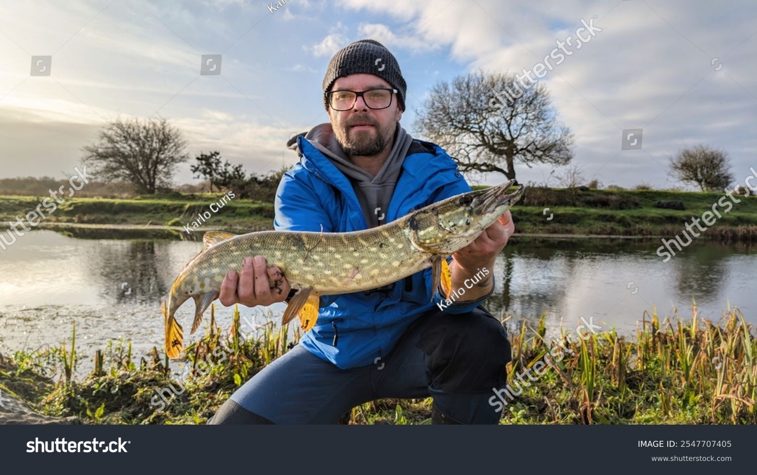 Man holding Northern pike freshwater fish caught in Cregg river Galway Ireland water animals and wildlife nature background fishing catch and release