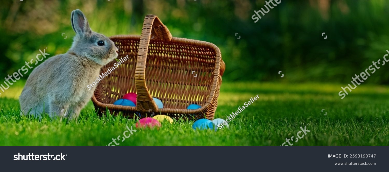 Gray rabbit standing on green grass next to a wicker basket filled with colorful Easter eggs with a blurred garden in the background. High quality photo