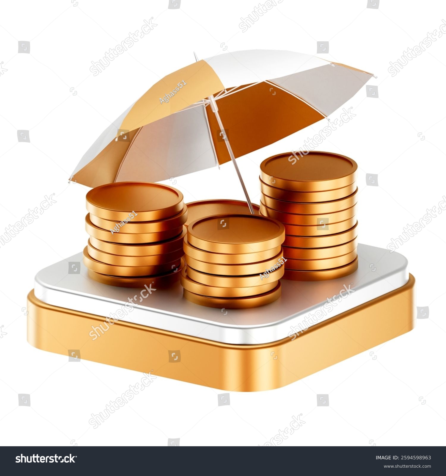 3D financial security concept Umbrela featuring gold coin stacks under a protective umbrella symbolizing wealth protection insurance and financial stability.