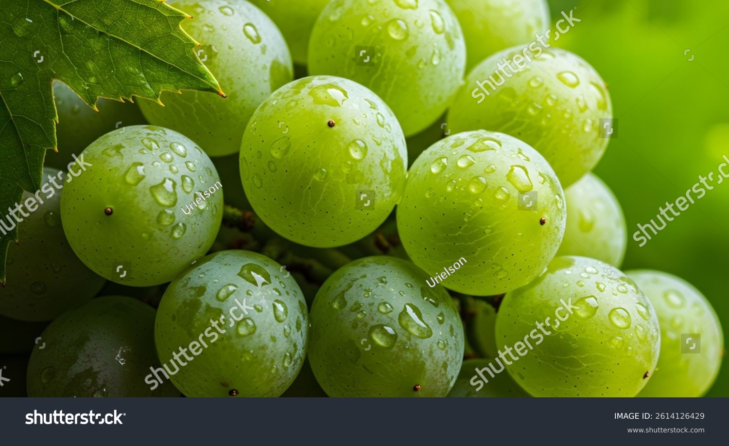 Cluster of fresh green grapes with shiny skins and dewy leaves