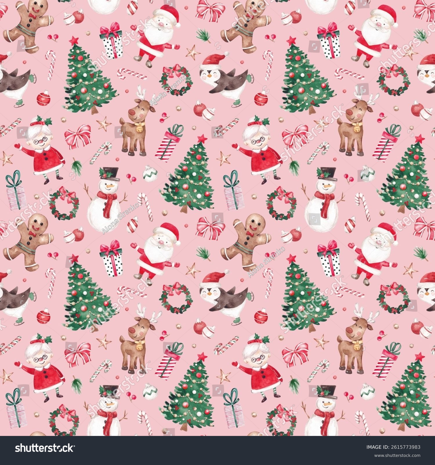 Christmas seamless pattern. Cute characters and Christmas tree hand drawn with watercolor. Festive design for wrapping paper textile fabric giftware packaging