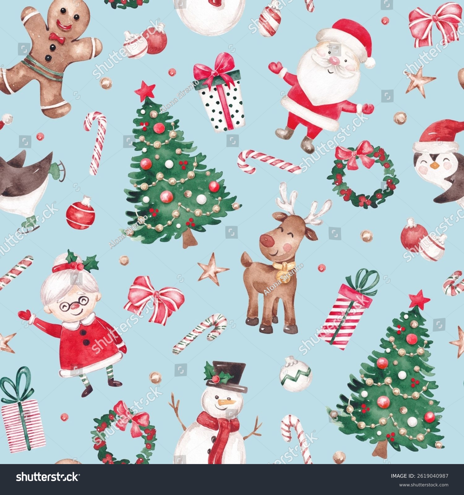 Merry Christmas seamless pattern with traditional characters. Hand drawn with watercolor. Festive Xmas design for wrapping paper textile fabric giftware packaging