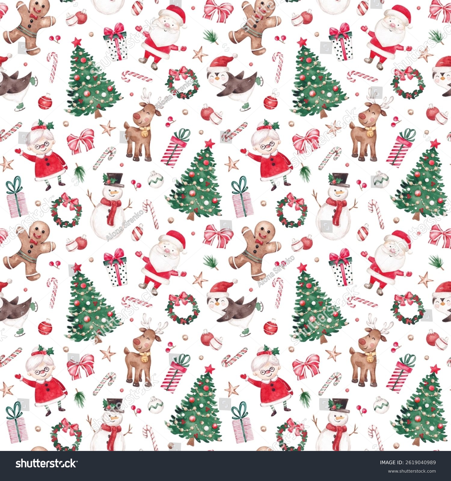 Christmas seamless pattern. Cute characters and Christmas tree hand drawn with watercolor. Traditional colors. Xmas design for wrapping paper textile fabric giftware packaging