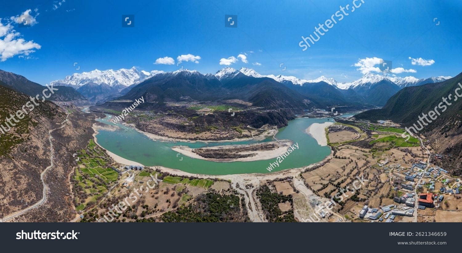 Nyingchi Tibet China - 7th April 2025 - Beautiful full view of snow mountains and yarlung zangbo river