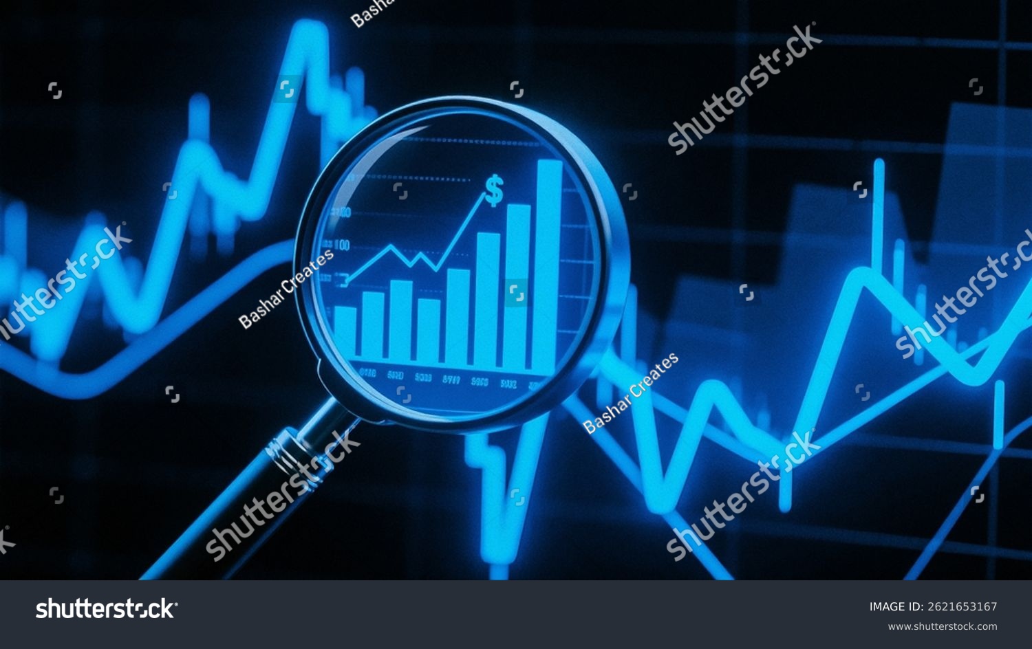 A magnifying glass over a financial chart illustrating market analysis and business concepts in blue light against a dark background.