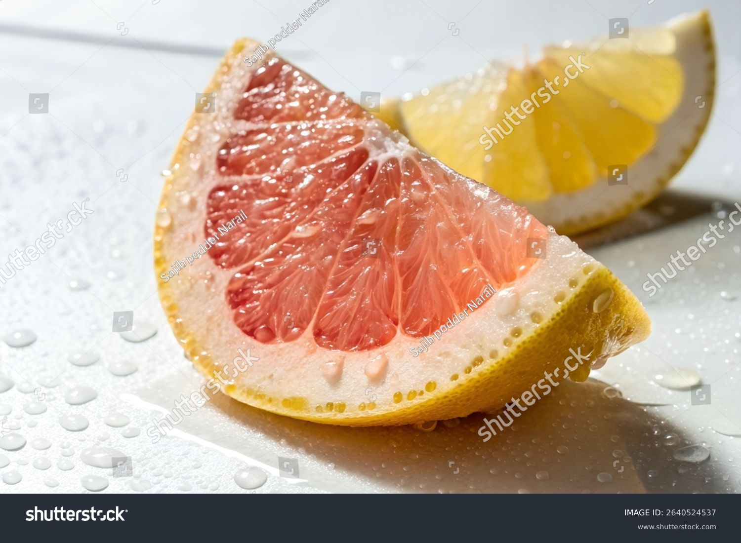 A vibrant close-up captures a glistening grapefruit wedge its pink flesh contrasting with the yellow lemon slice in the background. Water droplets enhance the image's freshness.