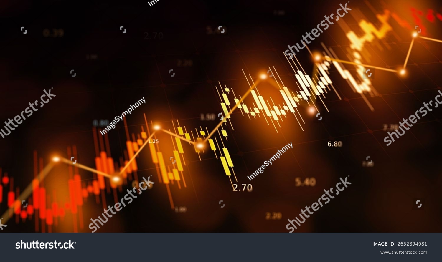 Glowing orange candlestick and line chart set against a dark grid background symbolizing dynamic stock market trading investment analytics financial growth trend forecasting and technological mar