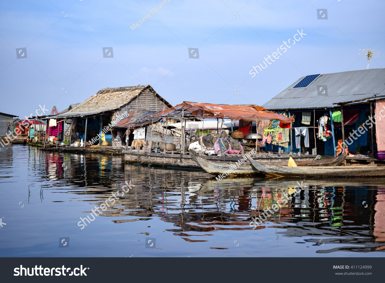 Floating village houses on Tonle Sap Lake in Cambodia.
The houses are relocated during the year to gain optimal weather. Transport is by small boats some powered by man some by mechanical means.