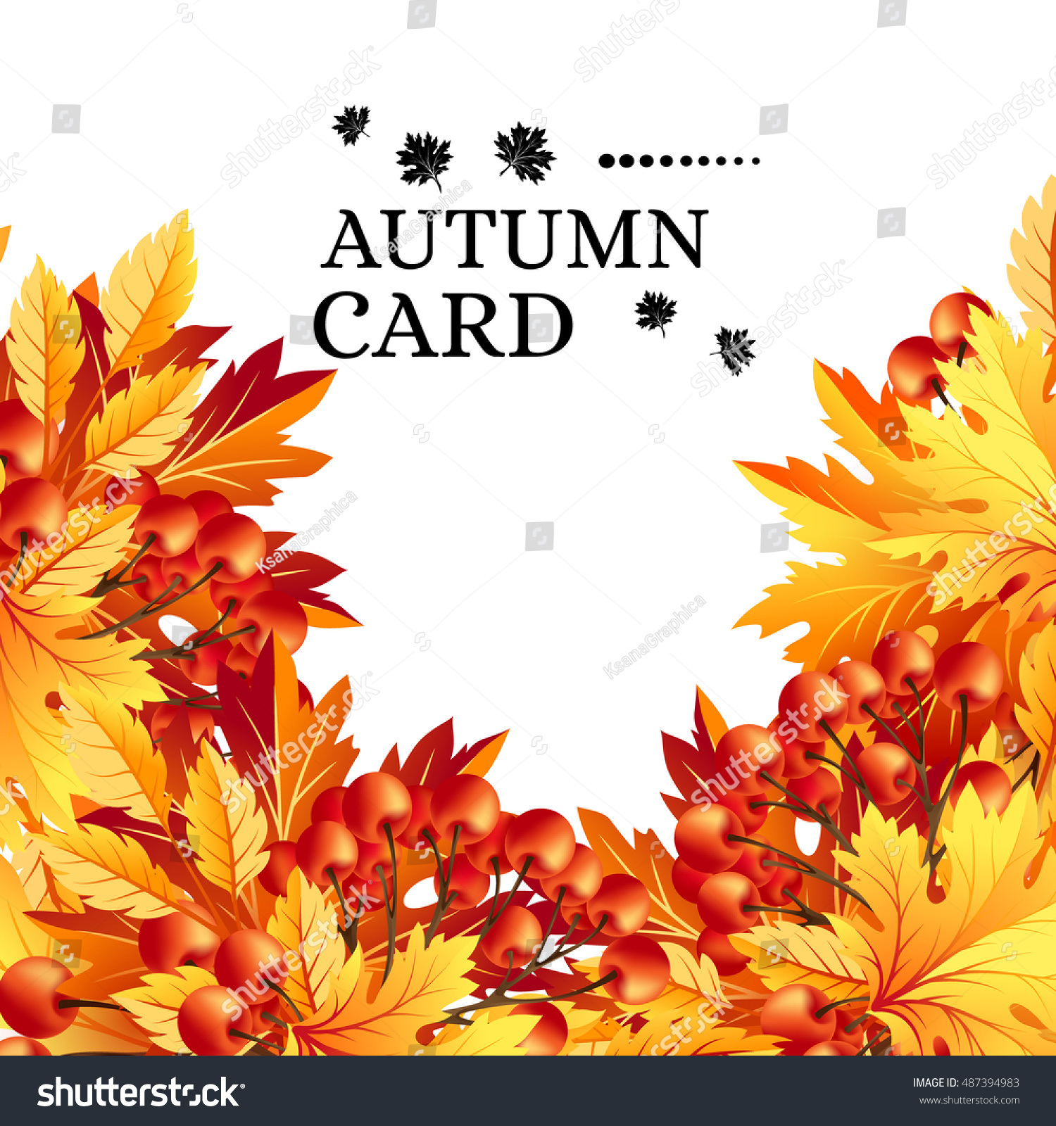 Autumn background with fall maple tree leaves and rowanberry. Vector  banners with season foliage decorations and copy space
