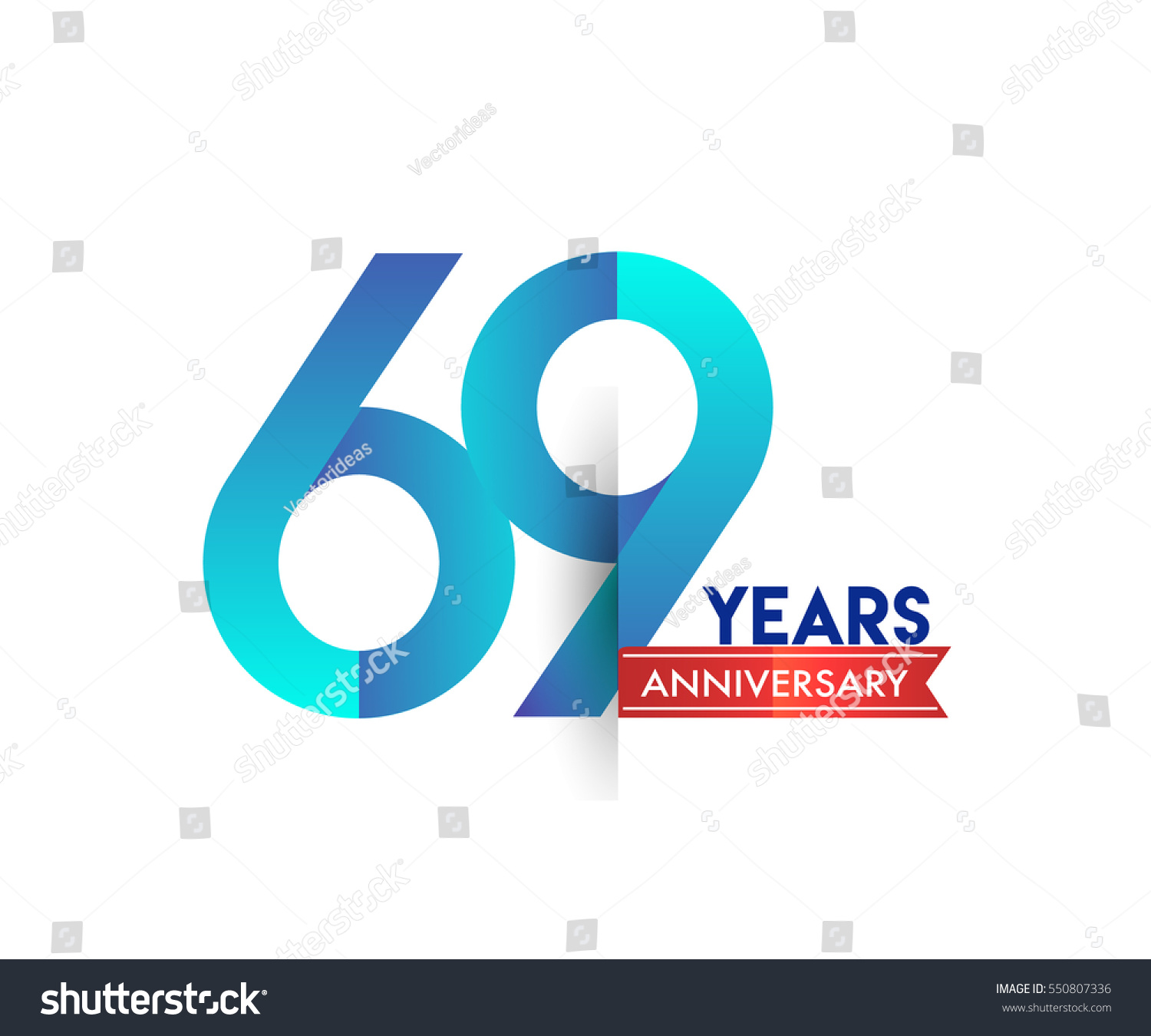 sixty nine years anniversary celebration logotype blue colored with red ribbon  69th birthday logo on white background