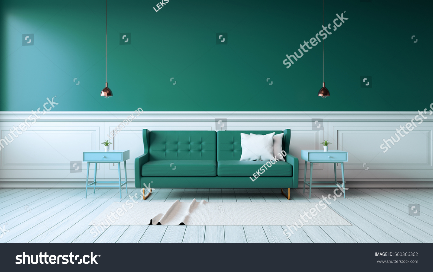 Modern interior of living room with green armchairs on white flooring and dark green wall 3d rendering
