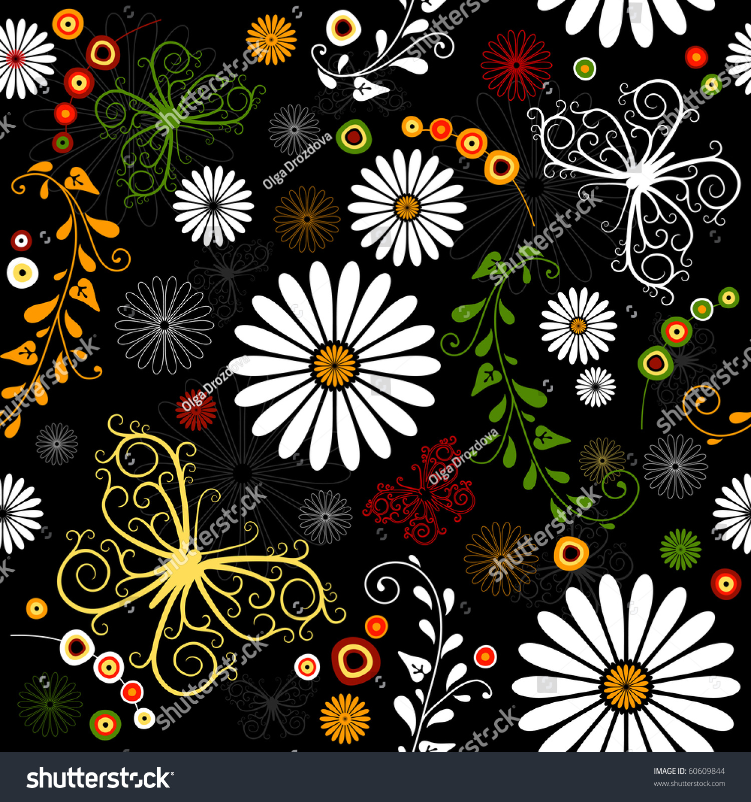Repeating floral black pattern with flowers and butterflies
