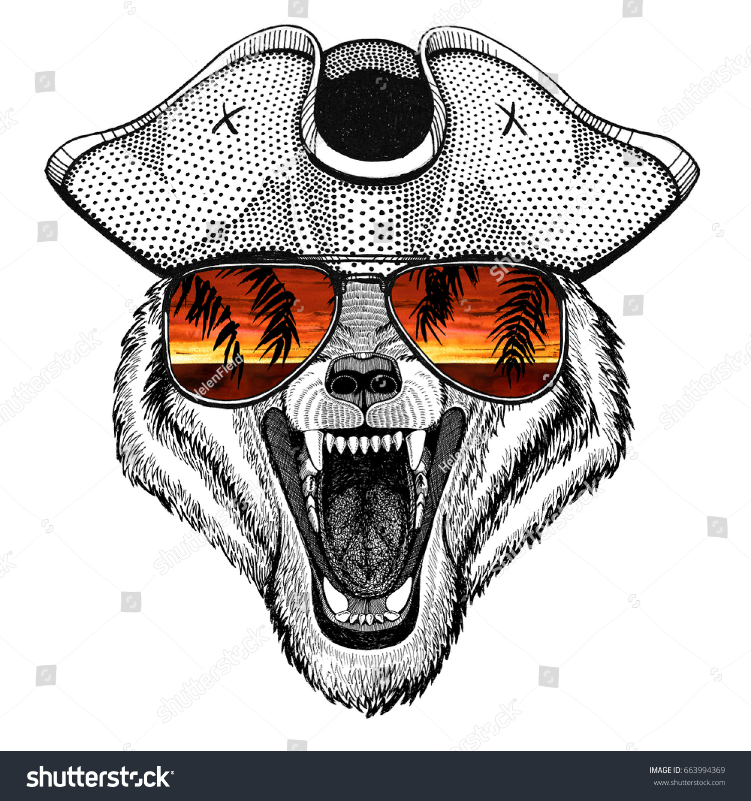 Wolf Dog Wild animal wearing pirate hat Cocked hat tricorn Sailor seaman mariner or seafarer Summer vacation Sea beach beach party Tropical island paradise T-shirt print