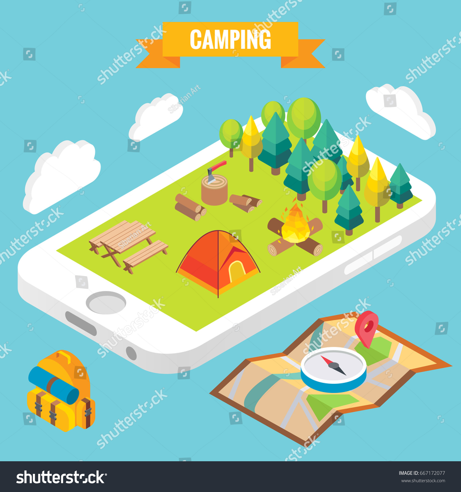 Camping in a park objects on mobile phone screen. Vector illustration in flat 3d style. Outdoor camp activity in a park. Stay online everywhere concept illustration. 
