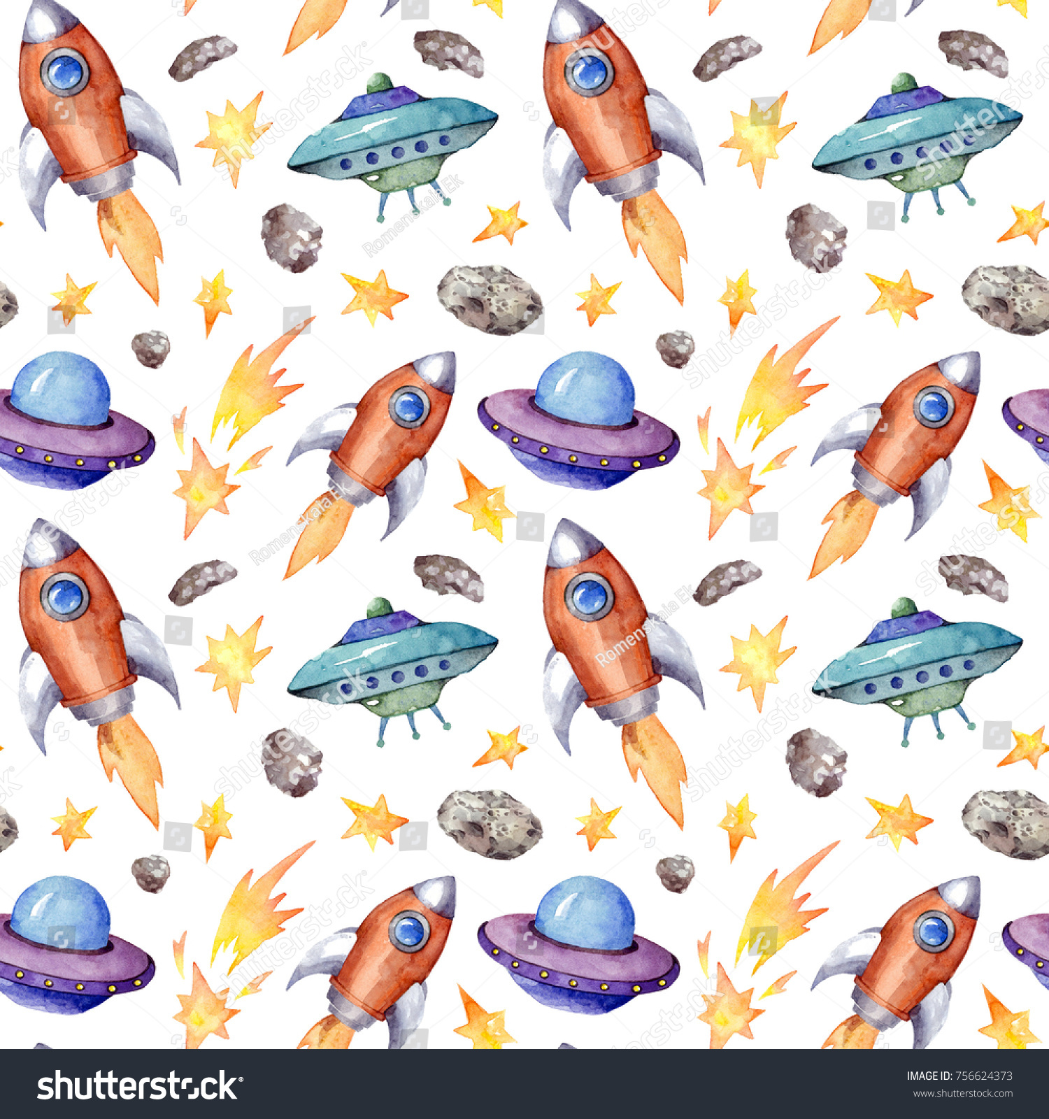 Watercolor seamless pattern with rockets  flying saucer  stars  asteroids. Cute background with space objects. Childish space